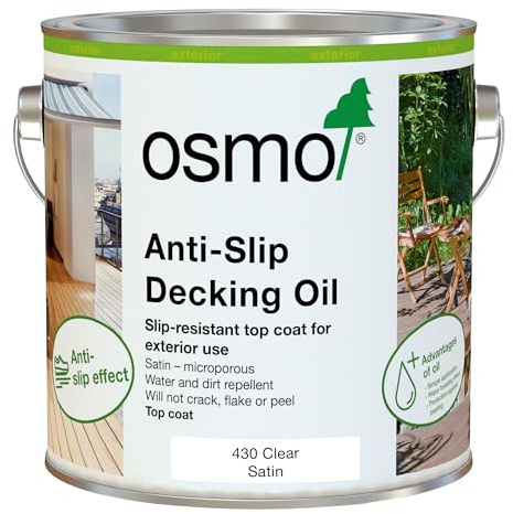 Osmo Anti-Slip Decking Oil 430 Clear Satin 2.5L – Non-Slip Top Coat for Exterior Timber Decking – Microporous Wood Protector – Water & Dirt Repellent Deck Oil