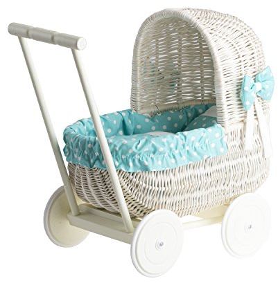 e-wicker24 Alles aus Weide Puppenwagen aus Weide mit Bettwäsche - perfekte Geschenkidee - Korbpuppenwagen, schöner Spielzeug aus Korbgeflecht (Creme, Mint)