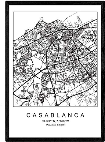 Nacnische Karte der Stadt Casablanca Nordic-Stil in Schwarzweiss. Poster A4 mit schwarzem Rahmen gedrucktes Papier 250 gr. Bilder, Bettwäsche und Poster für Salon und Schlafzimmer