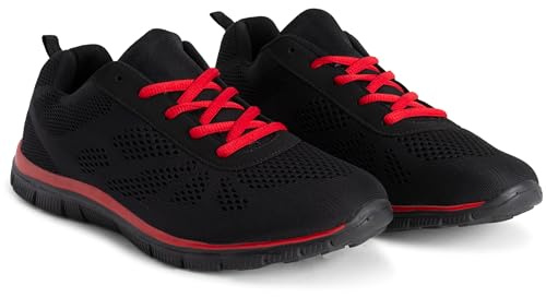 Get Fit Women’s Lightweight Trainers - Breathable Mesh Gym Walking Shoes - Comfortable Lace-Up Fitness Sneakers, Flexible Non-Slip Sole - Black/Red - UK3/EU36