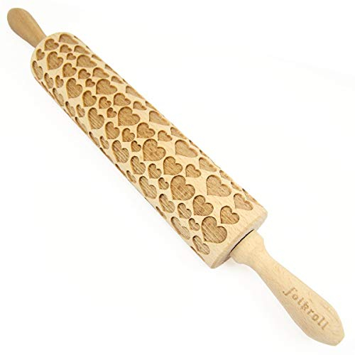 Folkroll - Mattarello – Mattarello – con motivo inciso – Hearts, cuori – Legno di faggio – Lunghezza: 43 cm