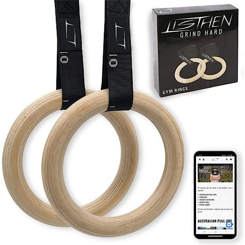 LISTHEN Gymnastik- und Crossfit-Ringe aus Holz, Calisthenics-Ringe für Suspension-Training, für zu Hause und im Freien, Dips-Klimmzüge, Freikörpertraining, Stärke 32 mm, verstellbare Träger