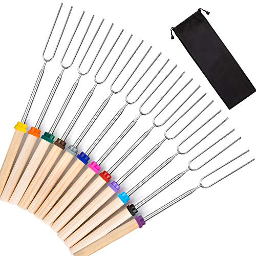 Marshmallow Roasting Sticks 12 Pack Extendable 32 Inch Telescoping Marshmallow Skewers & Hot Dog Forks with Wooden Handle Storage Bag for Campfire BBQ Backyard Fire Pit
