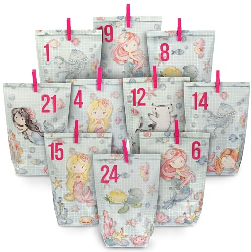 Papierdrachen Extravaganter Adventskalender zum Befüllen - mit 24 türkis bedruckten Geschenktüten und 24 Zahlenaufklebern - Motiv Meerjungfrau - zum Basteln und Verschenken - Weihnachten & Advent