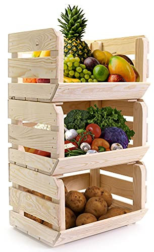 Holzfee Stapelkiste Obst Gemüse TRIO Kartoffelkiste Gemüsehorde Obsthorde (Natur, ohne Rollen)