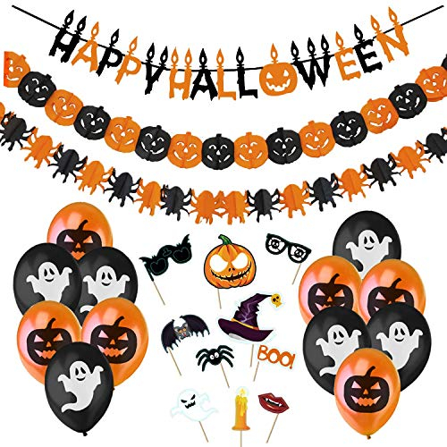 Halloween Deko Set Halloween Dekoration Innen - Happy Halloween Grusel Girlande, Kürbisse und Spinnen Wimpelgirlande, Grusel Halloween Fotorequisiten, Ballons mit Geistern und Kurbissen