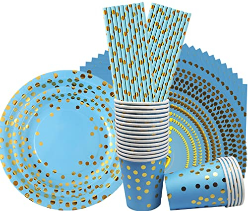 SHAMO 80 Pz di Stoviglie per Feste Blu E Oro, Piatti di Carta, Tovaglioli, Bicchieri di Carta Cannucce, per Babyshower, Compleanno, Festa, Anniversario, Fidanzamento, 20 Ospiti (M001-A)
