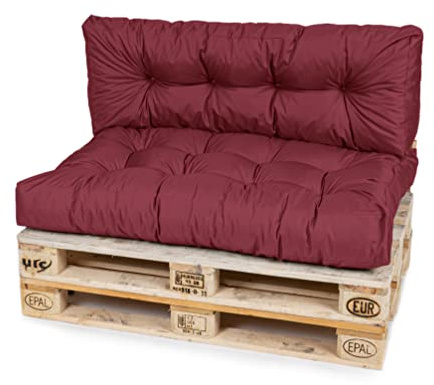 TexDeko® Garden Palettenkissen Set 2-TLG 120x80x18cm Bordeaux | In- & Outdoor, wasserabweisend, UV-beständig, zusätzlicher Vliesmantel, formstabile Palettenpolster, gesteppt, Gartenmöbel