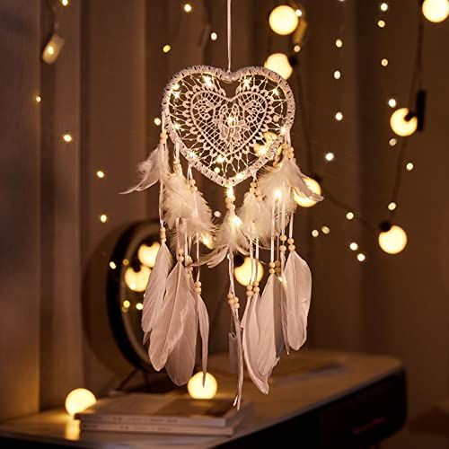 Hongyans Traumfänger mit LED Licht Handgefertigt Dreamcatcher mit Federn Böhmen Dekoration für Schlafzimmer Hochzeit Wandbehang Ornament Mädchen Kinder Geschenk