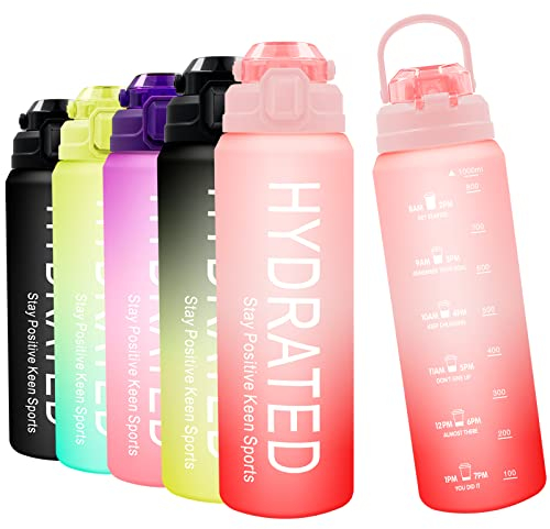 Wolepaz 1 litre Water Bottle with Straw, Motivational Sports Time Markings, Leakproof BPA-free Tritan Drink for Running, Bike, Gym, Outdoor, School & Office (Gradient Pink Red)