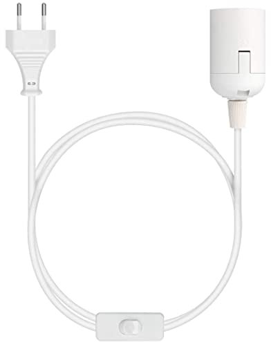 CABLEPELADO Portalámpara E27 con Interruptor, Adaptador de lámpara E27, Base para Bombilla E27, Enchufe + Interruptor ON/off, Cable 2 Metros, Casquillo E27, Blanco