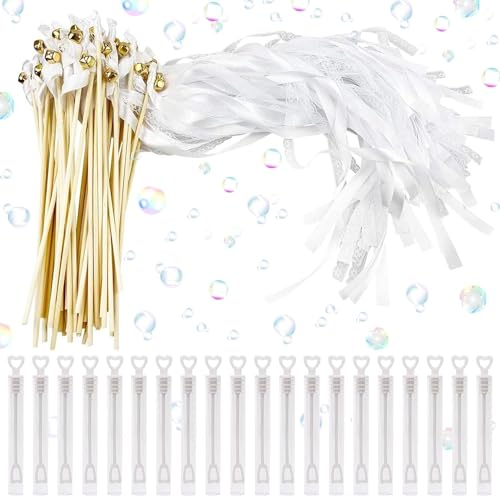 Wedding Wands mit Glocke, 20 Stück Zauberstäbe Hochzeit Luftschlangen, Spalier Hochzeit Wiederverwendbar mit 20 Stück Seifenblasen, für Hochzeiten Geburtstage Partys Feiertagsfeiern verwendet (weiß)