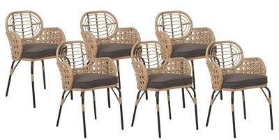 Beliani Gartenstuhl 6er Set Rattan natürlich beige mit Armlehnen Auflage grau Pratello