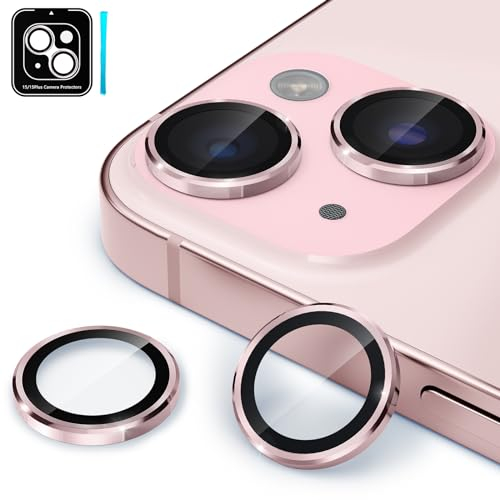 CloudValley Protector de Lente Cámara para iPhone 15 6,1 Pulgadas y iPhone 15 Plus 6,7 Pulgadas, Accesorios Cristal Templado 9H Dureza, HD Transparente Vidrio Metal Protector, Rosa
