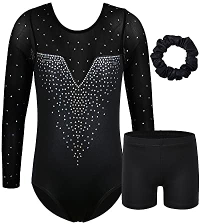 ZNYUNE Gymnastikanzug Hose mädchen Turnanzug Ärmellos/Langarm turnkleidung mädchen Gymnastik Tumbling Tanz Hose B203 SequinBlack 8A
