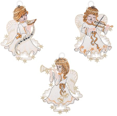 Plauener Spitze Fensterbild Engelchor 3er-Set, farbig, je 11 x 17 cm, Plauener Spitze Fensterdeko Fensterschmuck Bilder Handarbeit Deko Fenster