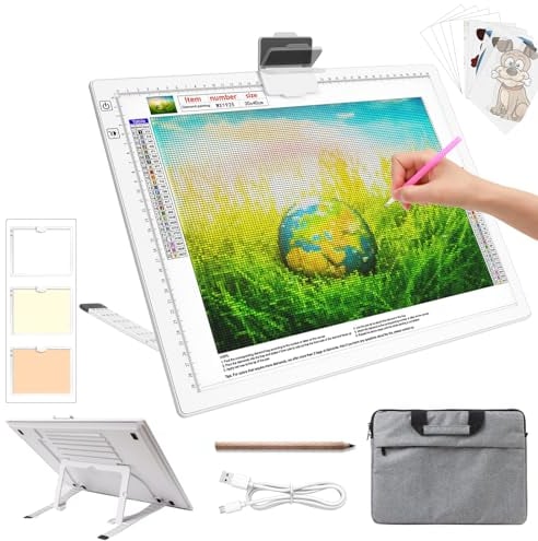 Leuchttisch A3 mit Taschen, Wiederaufladbare Diamond Painting Leuchtplatte mit Ständer, 3 Farben Stufenlos Dimmbar 6 Stufen Helligkeit Light Pad, Tragbare LED Leuchtkästen für Abpausen(Weiß)