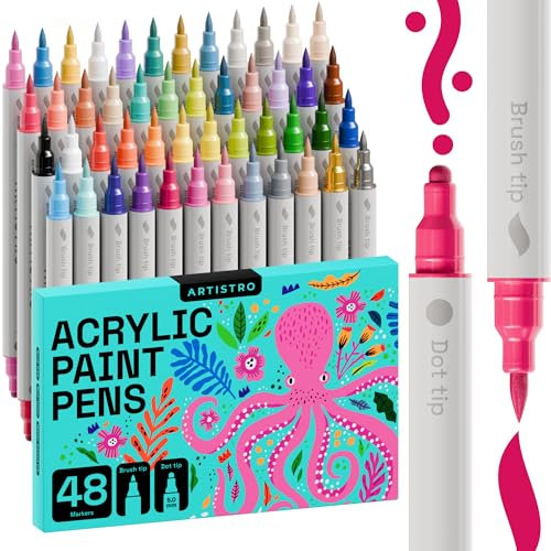 ARTISTRO Acrylic Paint Pens, Acrylic Paint Markers Dual Tip Markers, Acrylic Markers for Fabric, Canvas, Rock, Glass, Wood, Paper, DIY, Paint Markers (Dual Tip Dot + Brush, 48)
