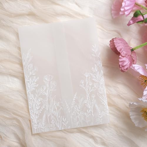 ABIDISO 50 Pack Vellum Jackets for 5x7 Invitations - Pre-Folded Vellum Paper 5x7, 130GSM Translucent Wedding Invitations Wraps for Wedding, Baby Shower, Birthday Invitation (Wildflower Pattern)
