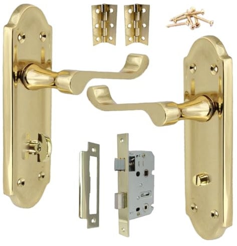 Ashford Brass Door Handle Set - Latch Lock for Bathroom, WC, Toilet - Mortice 3 Lever Lock With 3 Hinges, 168mm x 47mm Backplate for Interior Wooden Doors
