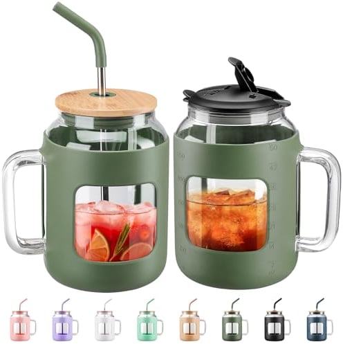 BLUEGO 1500ml Gobelet en Verre avec Poignée et Paille Réutilisable Gourde avec 2 Couvercles Tasse à Café en Verre avec Manchon en Silicone Sans BPA 1,5L Bouteille d'eau en Verre Anti-fuite, Olive
