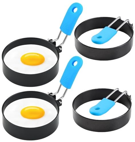 4pcs Egg Rings for Frying, Stainless Steel Egg Rings with Anti-Scald Folding Handle, Non Stick Fried Egg Rings for Household Kitchen Cooking Egg Frying Breakfast Mini Burger