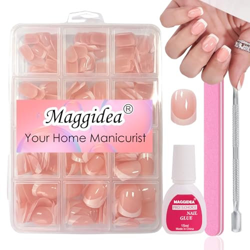 Maggidea Short Square False Nails Kit, 240 Pcs French Tip Press on Nails, Fake Nails Nude Base Glossy Full Cover Glue on Nails Gift for Women (Extra Short Square-Nude Base)