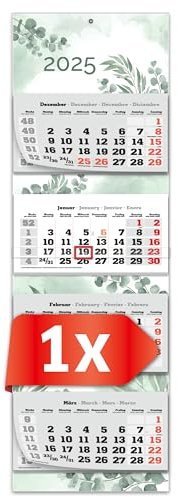 PRIMUS PRINT XXL Kalender 2025 - Mehrblock Wandkalender - 4-Monatskalender - Jahres Blockkalender - mit Datum Schieber - inklusive Feiertagen und Ferien - verschiedene Motive - [ 1x Eukalyptus ]