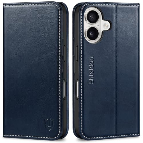 SHIELDON Wallet Case for iPhone 16 5G 2024, Genuine Leather Flip Cover with [Card Holder][Kickstand][RFID Blocking] Magnetic Shockproof Phone Case Compatible with iPhone 16 6.1 - Retro Dark Blue