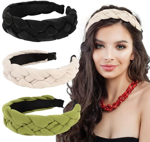 BOOMTOP 3 Stück Haarreif Dirndl Geflochten Trachten Haarschmuck in Leinen-Optik Breit Stirnband Vintage Gepolsterte Haarreifen Einfarbig Haarband Kopfschmuck für Damen und Mädchen Schwarz Grün Beige