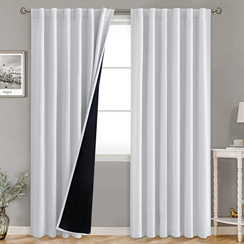 BGment 100% Verdunkelungsvorhänge mit Wärmedämmung, Stangentasche und Rückenlasche, doppellagig, Raumverdunkelung, Fensterbehandlungsvorhänge für Wohnzimmer, 132 x 203 cm, 2 Paneele, graues Weiß