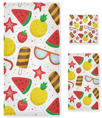 WDdZzyy Dekoratives Handtuch mit Sommerfrüchten, 3 Handtücher, 1 Badetuch + 1 Handtuch + 1 Waschlappen, Handtuch und Waschlappen, Westernhandtücher für Badezimmer, Mikrofaser