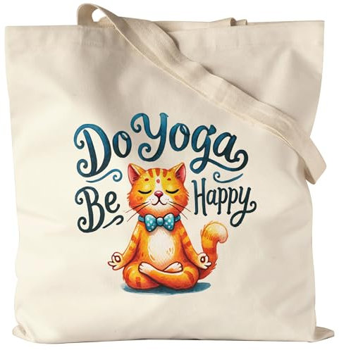 Hey!Print Do Yoga Be Happy Jutebeutel Geschenkidee für Yoga-Fans und Katzenliebhaber Entspannung und Achtsamkeit