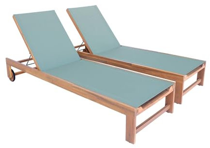 sweeek - Lot de 2 Bains de Soleil en Bois d'acacia et textilène Kaki. Multi Positions avec roulettes