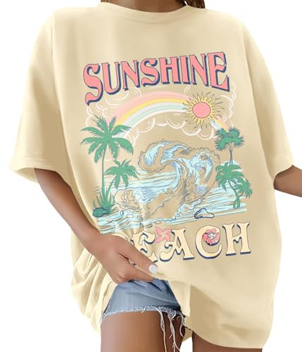 TOMEEK Damen T-Shirt Kurzarm Rundhals Oversized Tshirt Sommer Baumwolle Locker Basic T-Shirt Für Damen Vintage Strand Bedruckte Schulter Top Casual Frauen Shirt(Beige,M)