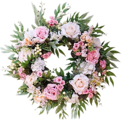 Türkranz, Outdoor Sommer Frühlingskränze, 56cm Groß Rosa Rose Blumenkranz Bauernhaus Künstliche Blumen Kranz für Haustür Home Wand Hochzeit Tischplatte Sommer Dekor (Champagner Rosa)