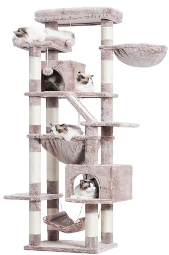 Heybly Rascador para Gatos, Torre De 180 cm, 2 Plataformas, 2 Cabañas, 2 Hamacas, Panel para Arañar. Gran Mueble para Gatos con Espacio De Dormir, Beige Marrón HCT034MU