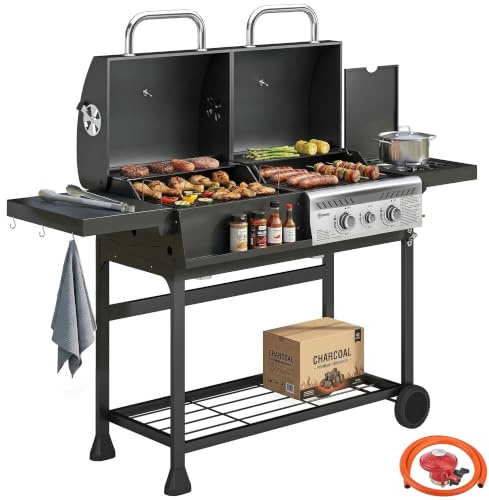Outsunny Dual Fuel BBQ Grill Charcoal 2+1 Gas Burner Barbecue Grill Black
