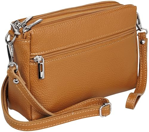 Caspar kleine Leder Umhängetasche Crossbody Bag elegante Damen Tasche mit 3 Fächern - CLASSIC LINE - Modell No.815 - Made in Italy, Farbe:cognac