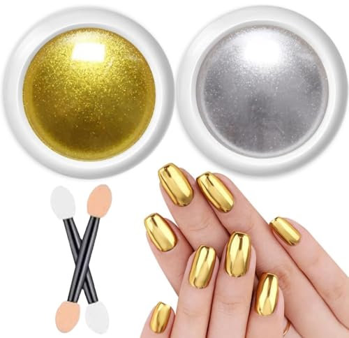 2pcs Chrome Nail Powder,Nail Glitter Powder,Chrome Po-Wder For Nai-Ls,With Small Brushes,Fine Texture,Easy To Color,Rich In Color,Durable And Long-Lasting,For Gel Na-Ils Mirror Na-Il Art(Silver+Gold)