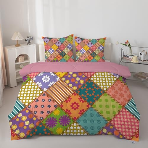 Linfye Bettdecke 135x200 cm – 4 Jahreszeiten Buntes Patchwork Steppdecke 135x200, Weiche Ganzjahresdecke Waschbare Blumen Plaid Schlafdecke, Wende Bettdecke ohne Bezug mit 2 Kissenbezügen 80x80 cm