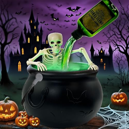 Halloween Decorations Indoor, Decoration Halloween Cauldron Interieur with Magic Floating Potion Bottles, Diffuser, Fog Maker, Skeleton Witches Cauldron for Party Spooky Vintage Home Kitchen Table