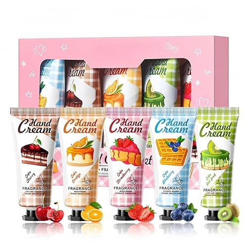 Fruchtige Mini Handcreme 5PCS - Handcreme für sehr Trockene Hände - handcreme Set Kleine Weihnachtsgeschenke - Regenerierende Hand Cream Frauen & Männer - mit Erdbeere, Orange, Kiwi, Blaubeere&Kirsche