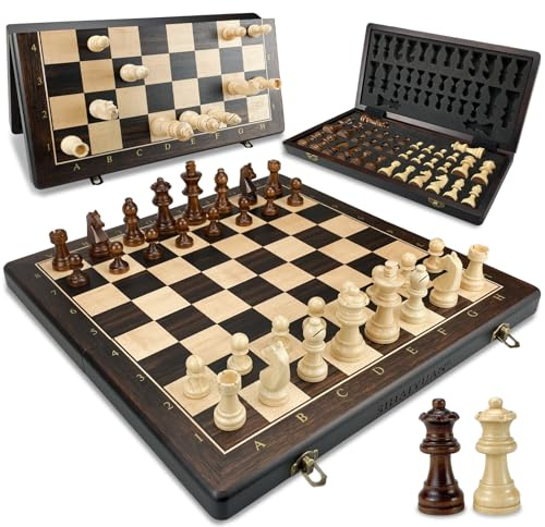 Sihaiyuan Schachspiel Holz Magnetisch – Faltbares Schachbrett 39 cm, Hochwertiges Wooden Chess Board mit 34 Staunton Figuren inkl. Extra Damen, Tragbares Schachspiel für Erwachsene & Kinder