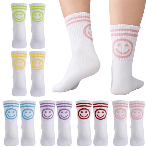 kodinsiivous 6 Paar Tennissocken 38-42 Sportsocken Baumwollesocken Weiß Socken mit Smile Motiv Lustige Crew Socks für Frauen Tennis Sport Alltag Freizeit