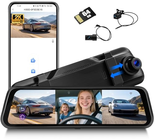 2K Mirror Dash Cam 9.66 Inch 3 Channel Front Rear Inside View Mirror Camera Triple Mirror Dash Cam Night Vision,G-Sensor,Parking Assistance,APP Control,24H Parking Monitor+64G SD