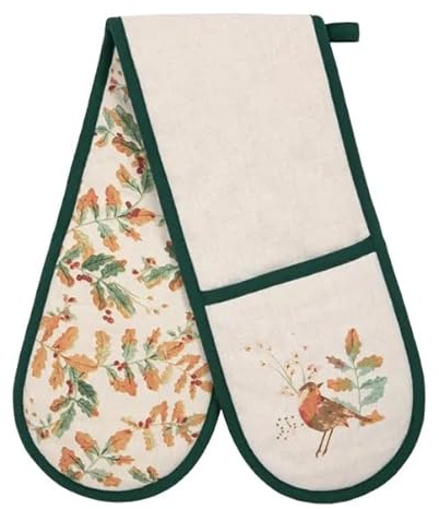 New Festive Robin Design Double Oven Glove – Made from Recycled Polycotton, Machine Washable, With Hanging Loop – Beautiful Christmas Kitchen Accessory -M41