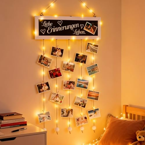 Meetory Fotovorhang mit 30 Holzklammern - Fotowand mit Klammern DIY Fotowand Fotogirlande Bilderrahmen Collage mit 5 Hanfseil 6 Magnete für Dekor Fotoausstellung Personalisierte Geschenke