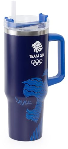 Official Team GB Large Travel Tumbler with Handle and Straw – 1200ml Insulated Stainless Steel Mug for Hot & Cold Drinks – Fits Car Cup Holders – Official Olympic Merchandise – Blue