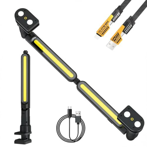 Pack de 2 Linternas LED de Trabajo para Capó de Coche, 3000 lm, 5200 mAh | USB-C, Magnéticas, 2 en 1, Rotación 360°, Ganchos y Pinzas, Luz para Taller Mecánico, Negro